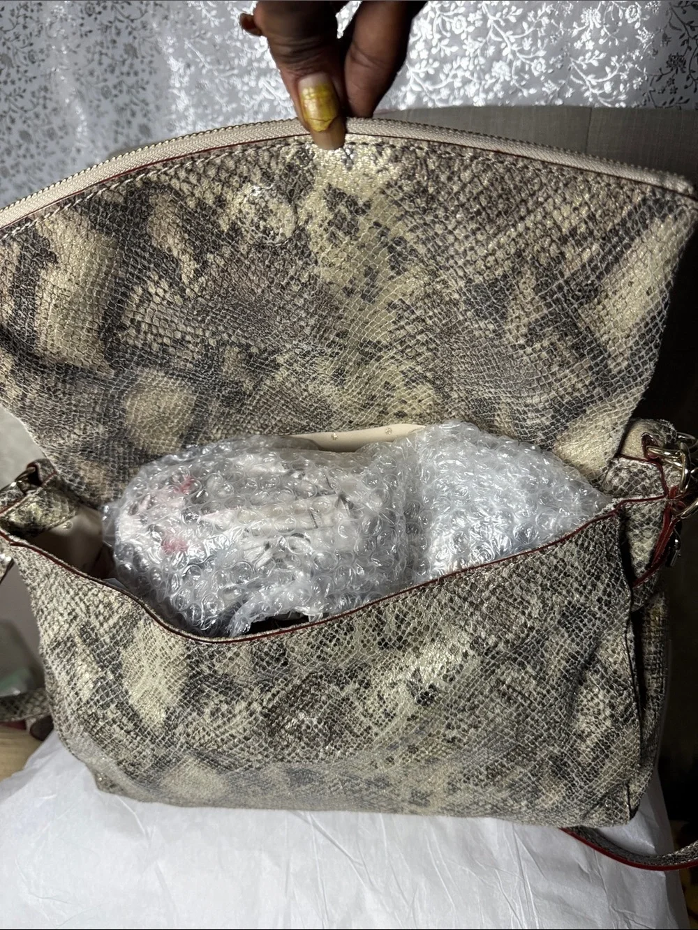 kate spade Snake-Print Shoulder and cross body Bag in Cream & Gray with Red Trim